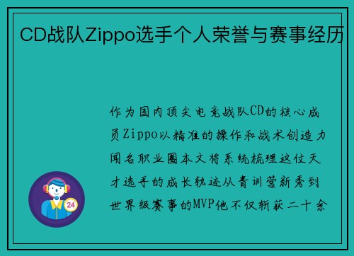 CD战队Zippo选手个人荣誉与赛事经历