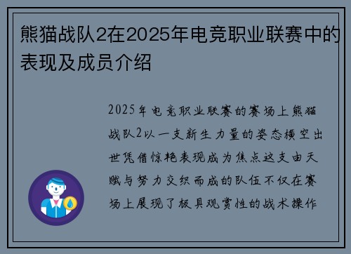 熊猫战队2在2025年电竞职业联赛中的表现及成员介绍