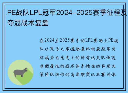 PE战队LPL冠军2024-2025赛季征程及夺冠战术复盘