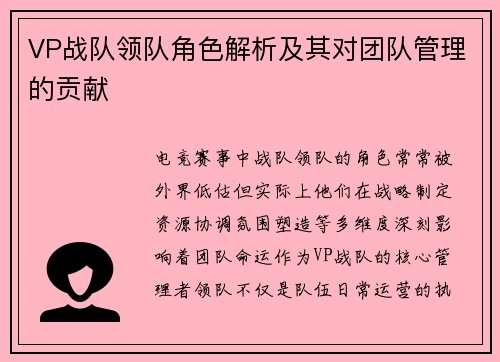 VP战队领队角色解析及其对团队管理的贡献